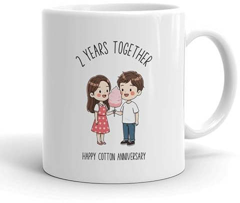 VIROSA 2 Years Cotton Anniversary Mug – 11oz Ceramic Coffee Cup Gift for Husband, Wife, Couples – Second Wedding Anniversary Present Idea, Romantic Keepsake