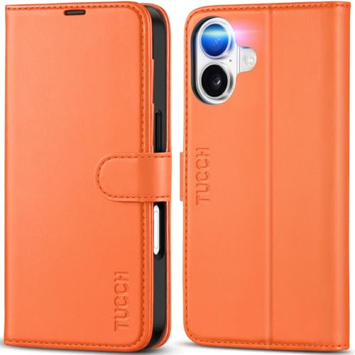 TUCCH Hülle für iPhone 17 6,3 Zoll 2025, Orange | Magnetische Schutzhülle, RFID-Blocker, Handyhülle, Ständer, 4 Kartenfächer, Stoßfeste TPU-Innenhülle, PU-Leder