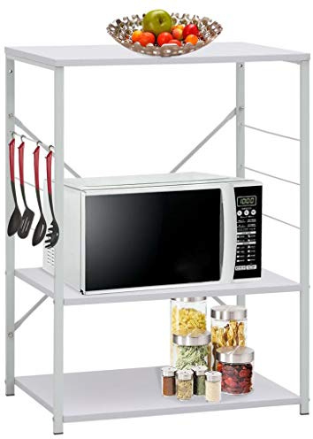 Mangloder - Estantería para microondas (60 x 39,6 x 79,5 cm, madera, 3 niveles, marco de acero, ganchos laterales para utensilios de cocina y orden), color blanco
