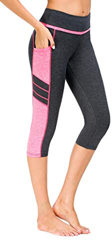 Flatik Damen Netzoberfläche Sport Gym Yoga Laufen Fitness Leggings Hose, Grau Pink(3/4 Capri), XXL