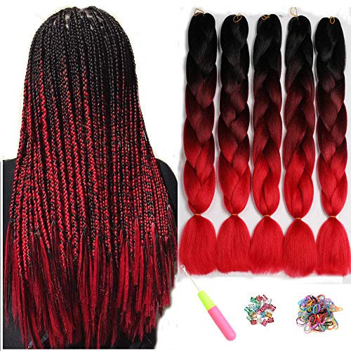 ShowJarlly 5 Piezas Extensiones Pelo Africanas Trenzas, 24 Sintetico Pelo Trenzas Africanas Extensiones de Trenzado de Cabello Para Ganchillo Trenzado de Extensiones Negro/Vino Tinto/Rojo