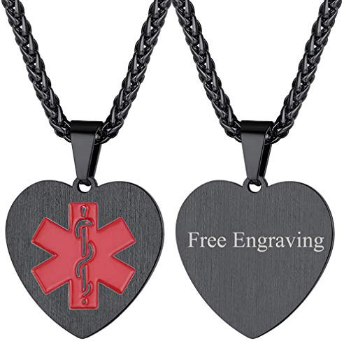 FaithHeart schwarz Kette aus Edelstahl SOS Notfall Medical Alert ID Kette mit Gravur für Sie und Ihre Familien