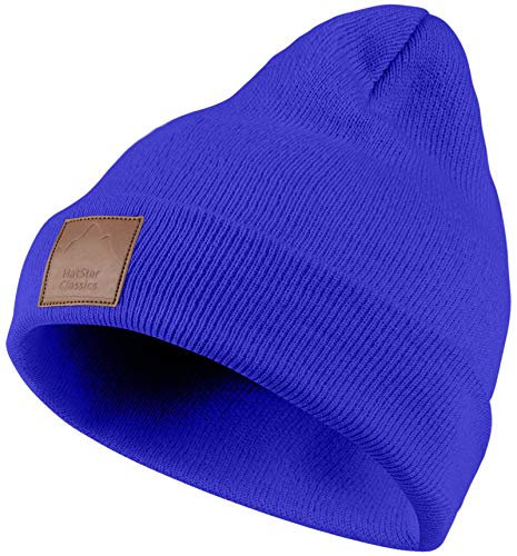 Warme Damen Beanie Mütze | Herren Mütze mit Leatherpatch | Strickmütze Wintermütze | für Frauen Männer Unisex | Cuffed Hats Weich & Warm royal