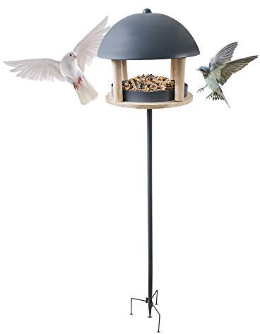 Petlicity Nordic Style Bird House Feeder with Circular Shelf, Seed Tray, Domed Roof, Ground Spikes and Sturdy Metal and Wood Construction