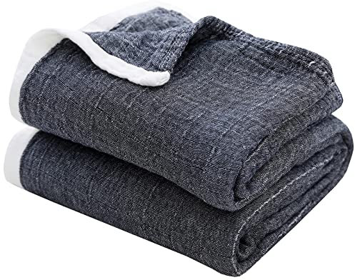 SE SOFTEXLY Kuscheldecke Baumwolle 100%, 4-lagige Weiche Kuscheldecke Musselin Tagesdecke, Bett-Überwurf Sommerdecke Sofadecke Wohndecke für Ganze Saison als Sofaüberwurf Dunkelblau Blanket 200x230cm