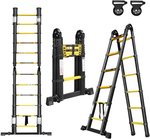 Aufun Teleskopleiter 3,8m Alu-teleskopleiter Rutschfester Aluleiter Klappleiter Schiebeleiter Sprossenleiter Ausziehleiter Teleskop-Design Mehrzweckleiter max 150 kg Belastbarkeit Faltbar(1,9+1,9M)