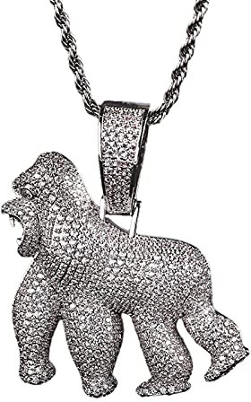 Fantex Collar completo de diamante de gorila rugida, chapado en oro de 14 quilates, colgante de Kingkong salvaje con cadena de cuerda, joyería de hip hop para hombres y mujeres