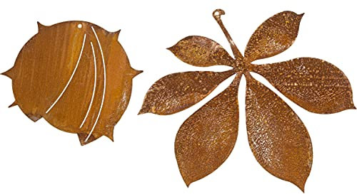 B2S BACK2SEASON Metall Kastanie und Blatt zum aufhängen Herbstdeko Edelrost Rosthänger Gartendekoration Baumhänger 2er Set