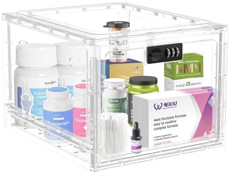 HOLYHY Lockable Medicine Box, Medicine Storage Box, Lockable Storage Bin Organiser Box for Fridge Food/Snacks/Phone/Tablet Jail/Home Safety (transparent)