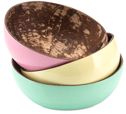 Decorasian Schalen aus echter Kokosnuss - Coconut Bowl - Kokosschale innen poliert, außen dekorativ lackiert - 3er Set rosa, Mint, gelb