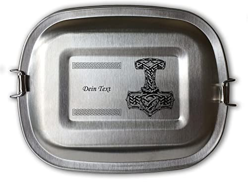 elbedruck Edelstahl Brotdose Lunchbox mit Gravur Thors Hammer Mjölnir personalisiert mit Wunschgravur Name Wunschtext 3 Größen zur Auswahl Wikinger (Lunchbox Thors Hammer groß (ca. 1000 ml))