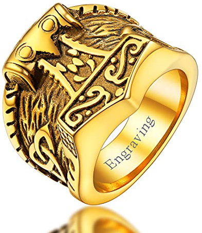 FaithHeart personalisierter Viking Fingerring Herren Jungen Thors Hammer Fingerring Wikinger Siegelring Statement Ring Männer Mjölnir Ring mit Geschenkebox