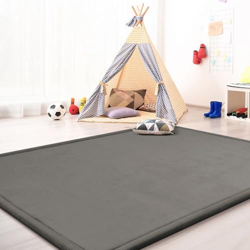 TT Home Krabbelmatte Babyzimmer Teppich Spielmatte Kinder Unifarben rutschfest Flauschig, Farbe: Grau, Größe:140x200 cm
