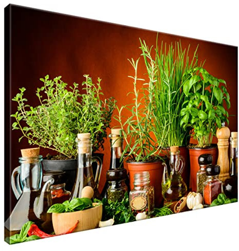 Estika Leinwand bilder - Olivenöl mit frischen Kräutern - 90x60 cm, 1 teilige kunstdruck - Wandbilder wohnzimmer, schlafzimmer, Moderne wanddeko, Bild auf leinwand - Küche bilder - 2054A_1L