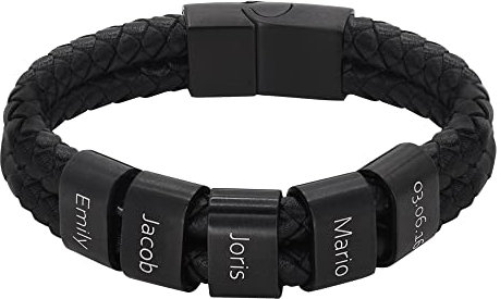Heideman Armband Herren aus Leder schwarz matt - Lederarmband Elian mit schwarzen Gravurplättchen für Männer - Personalisiertes Geschenk