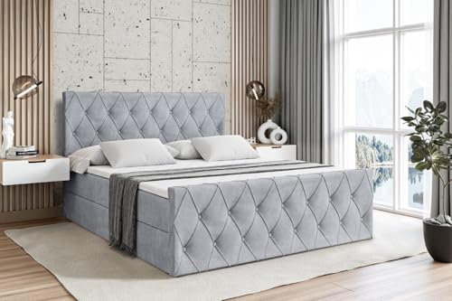 ALTDECOR Boxspringbett mit Matratze und Lattenrost, Boxbett, Fußteil, Topper, Polsterbett mit Bettkasten, Bett mit Stauraum H3-Matratze, Doppelbett, Springboxbett - Amay - 140x200 - Grau Monolith 84