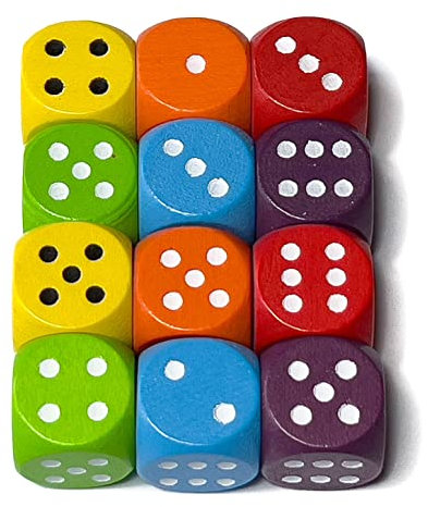 Spieltz Bunte Würfel aus Holz für Brettspiele, 16 mm, produziert in Deutschland (12 Holzwürfel W6 / D6: 2 x Gelb, 2 x Orange, 2 x Rot, 2 x Lila, 2 x Hellblau, 2 x Hellgrün)