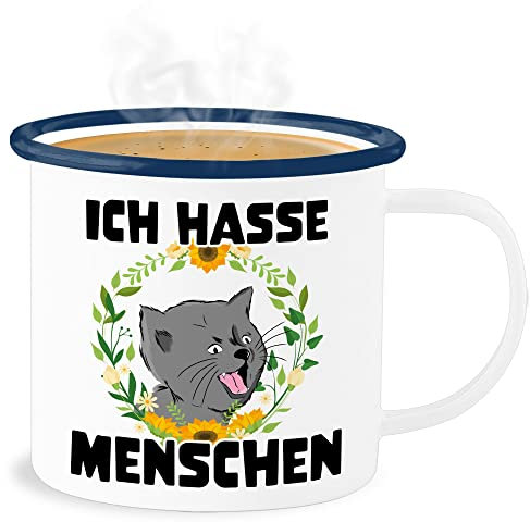 Emaille Becher Blechbecher - Statement Sprüche - Ich hasse Menschen - Katze - 300 ml - Weiß Blau - sprueche katzen tasse sprüche, mit sprüchen spruch spruechen sarkasmus