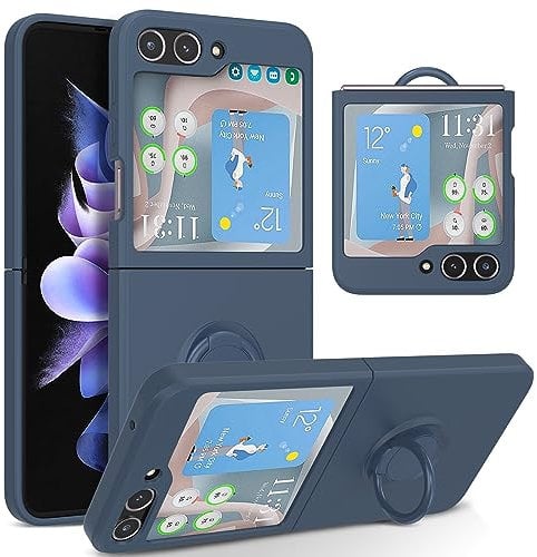 UEEBAI Silicone Case with Ring for Samsung Galaxy Z Flip 5 5G, Lightweight Foldable Slim Case Shock Absorption Slim Cover with Ring 360 Degree Rotation Stand Protective Cove - Sapphire Blue