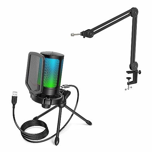 FIFINE Gaming Mikrofon mit Arm, USB Microphone mit Mikrofon Einstellbarer Ständer und Mikrofonclip DREI Kabelbinder, PC Mikrofone für Streaming Podcast Studio (A6V+ BM63)