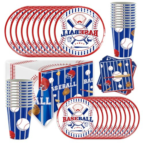 Shamoparty Baseball Thema Partyzubehör Set für 20 Gäste, Baseball Geburtstag Dekorationen 61 Stk (Becher+Servietten+Teller+Tischdecke)