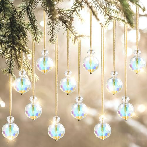 UXORSN 12PCS Christmas Tree Crystal Ball Ornaments - 22mm Glass Christmas Baubles Rainbow Prism Balls Suncatcher Multicolor Hanging Pendants for Xmas Party Wedding Home Decor