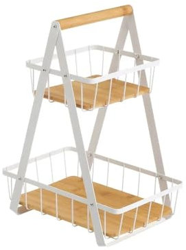 LEKE GO Frutero de 2 pisos de metal y bambú natural estilo nordico para cocina (Blanco 2 cesta)