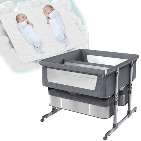 3-in-1 Babybett,Babywiege, Stubenwagen für Zwillinge, Beistellbett, Nachtbett für Babys, Nachtbett, höhenverstellbares, 6 verstellbare Höhen,tragbares Kinderbett mit Rädern und Airflow-Mesh ( Color :