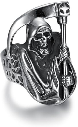Bague Motard Crâne Mort, Bague Faucille Crâne Gothique Pour Hommes, Bague Crâne Faucheuse Bijoux Crâne DÉMon Diable, Bague Squelette Faucheuse Bague d'Halloween Crâne Mort Bague Crâne Roche (59)
