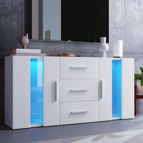 KOMHTOM Credenza soggiorno a LED moderna credenza bianca, mobiletto bianco soggiorno salotto con 3 cassetti e 2 ante Mobiletto multiuso con ripiani (B)