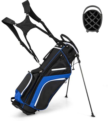COSTWAY Sac de Golf avec 14 Compartiments Séparés, Sac de Club de Golf Portable avec 6 Poches Zippées Comprenant Sac Isotherme Capuche Anti-Pluie Double Sangle, Sac Léger (Bleu)