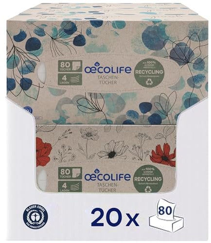 oecolife Taschentücher RECYCLING, 4-lagig, 1600 Tücher, 20 Pck. á 80 St., plastikfrei verpackt, in verschiedenen Verpackungsmotiven, nachhaltig, weiche & sanfte Taschentücher