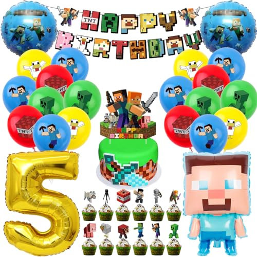 Pixel Kindergeburtstag Deko 5 Jahre, Luftballon 5. Geburtstagsdeko, 41 Stück Miner Gamer Geburtstag Party Deko, Jungen Folienballon Spiel Luftballon Happy Birthday Banner Cupcake Toppers
