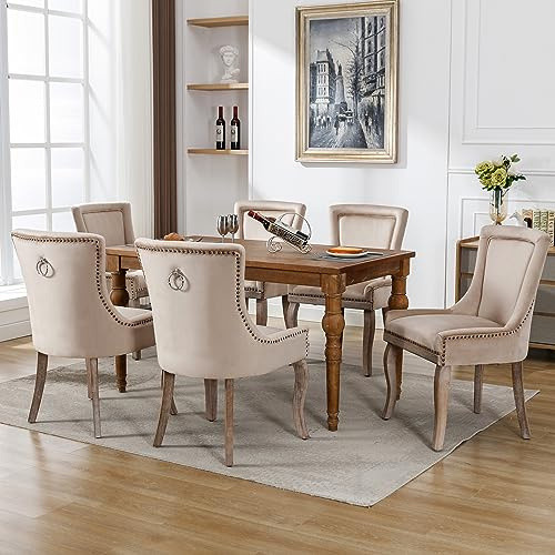 Goeria Sillas de comedor de lujo, silla de cocina, silla de salón (2 unidades), silla tapizada con cabeza de clavo, patas de madera maciza, tapizado de terciopelo (6, beige)
