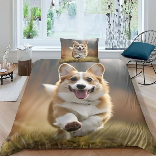 VesFy Tier Pet Bettwäsche 2 Teilig 3D Niedlicher Corgi-Hund Druck Bettbezug Weich Mikrofaser Mit Reißverschluss Und Kopfkissenbezug Für Jugendliche Kinder Schlafzimmer Single（235x200cm）