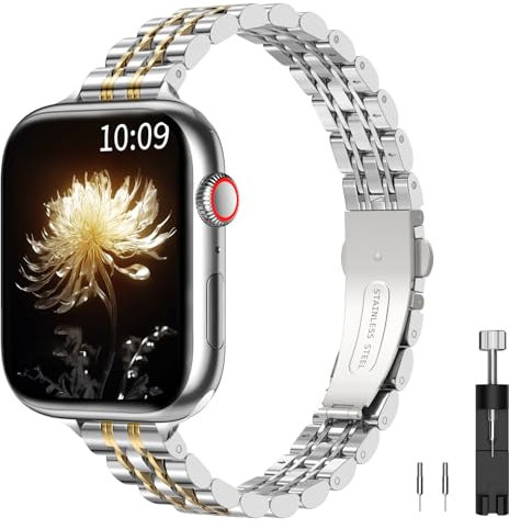 TiMOVO Slim Uhrenarmband Kompatibel mit Apple Uhrenarmband 41mm 40mm 38mm, langlebiges verstellbares Edelstahlarmband für Frauen, geeignet für Serie 9/8/7/6/5/4/3/2/1/SE 38/40/41mm, J Goldfarben