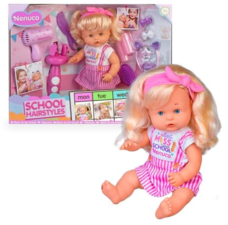 Nenuco Frisuren für Cole, Babypuppe 35 cm und Harter Körper mit langem blondem Haar, 10 Friseurzubehör, um jeden Tag Verschiedene Frisuren zu Machen, ab 3 Jahren, berühmt (NFNA7000)