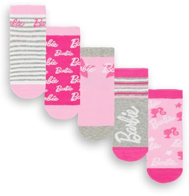 Barbie Mädchensocken 5er-Pack | Mehrfarbige Puppen-Grafik-Schuhe für Kinder | Funky Pink Fashion Stripey Bequemes Sockenset Bundle | Cartoon-Film-TV-Serie Merchandise-Geschenk