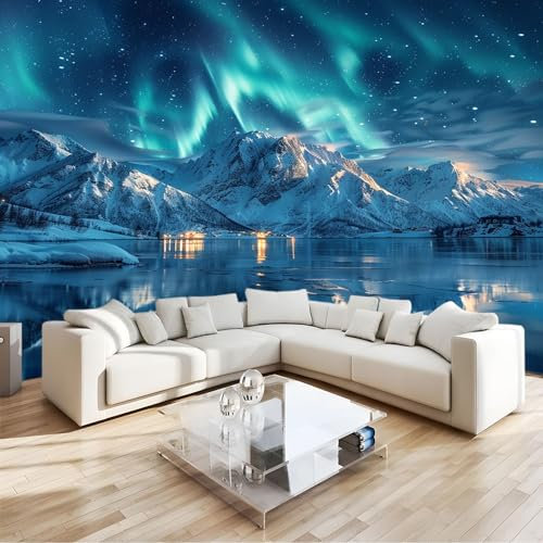 3D Effekt Fototapete Schneeberg Polarlichter Wanddeko Tapete, GrüN Hochwertige Wanddekoration Wandtapete, Vlies Tapete Wandbild für Wohnzimmer Schlafzimmer Büro 200x140cm