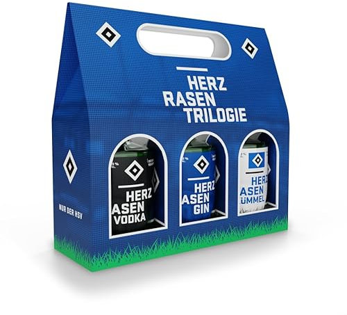 HERZRASEN HSV Geschenk Trilogie Set 3x 100 ml Gin Vodka Kümmel Hamburger Alkohol Geschenkset mit echtem Volksparkstadion Rasen - Premium Geschenke Box