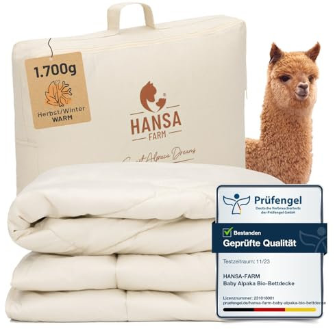 HANSA-FARM | Baby Alpaka Bio-Bettdecke 155 x 220 cm (Füllung 1.700g) - Herbst Winter warm - atmungsaktiv und temperaturausgleichend - Große Aufbewahrungstasche