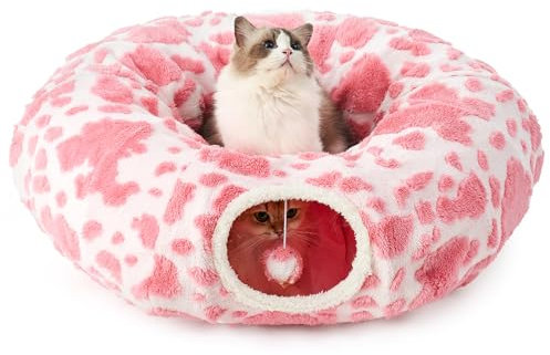 COZY KISS Katzentunnel mit Bett für Indoor Katzen, Großer Katzentunnel mit Zwei Eingängen Katzenhöhle, Katzenspieltunnel in Donutform, Geeignet für Kätzchen/Welpen/Kaninchen (Rosa & Weiß, 85 D)