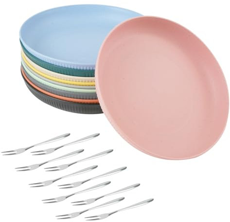 10 Pezzi Servizio Piatti in Plastica, Riutilizzabili Piatti Plastica Rigida Lavabili con Forchette da Frutta, Piatti da Campeggio Piatti Melamina per Feste Casa, Microonde e Lavabili in Lavastoviglie
