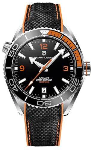 Pagani Design Herrenuhr Automatik Mechanische Uhr Keramiklünette Edelstahl 100m wasserdicht Tauchen Sportarmband Datum Leuchtend Luxusuhr Kautschukarmband（Klebeband Schwarz Orange）
