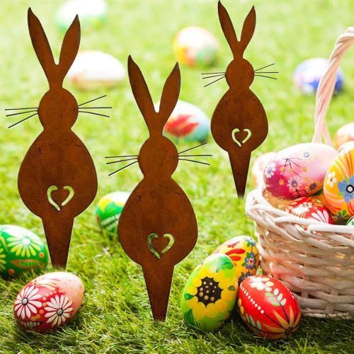 ZILZUFA Garten Deko, Gartendeko für draußen wetterfest Set, 3 Metall Osterhasen als Rostige Gartendeko Optik, Gartenstecker Frühlingshafte Außendekoration, Gartendek Für Draußen Wetterfest