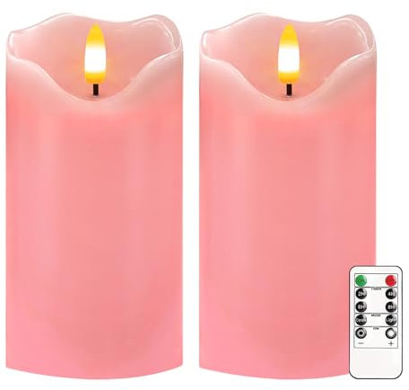 Justup Flammenlose LED-Kerzen, Set von 2 Flackernde LED Kerzen mit Fernbedienung und Timer, Dimmbare Säulen Kerzen Batterie betrieben, Kerzen für Valentinstag, Weihnachten, Thanksgiving Dekor (Rosa)