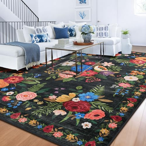 BYBSRLL Teppich Wohnzimmer 90x150cm, Vintage Blumenmuster, Waschbar & Rutschfester Boho Weich Kurzflor Teppiche Gegend für Schlafzimmer, Kinderzimmer, Gastzimmer, Esszimmer, Büro, Schwarz
