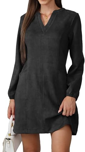 JayscreateEU Damen Kleid Mit Taschen Langarm V-Ausschnitt Herbstkleid Winterkleid Damen Knielang Tunika A Linien Shirtkleid Mit Taschen Langarm Autumn Dress
