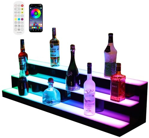 Lavoker Acrylic Led Lighted Liquor Bottle Display Bar Shelf Alcohol Whiskey Shelves Rack Stand Tray Units for Home Bar Living Room with Remote Control 48 inch 3 Steps
