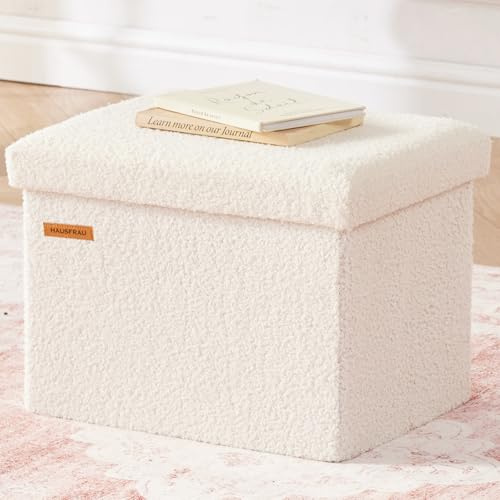 HAUSFRAU Sitzhocker mit Stauraum kleine Sitzbank Teddy Hocker klappbar | Polsterhocker Aufbewahrungsbox Fußbank für Wohnzimmer Schlafzimmer Flur, bis 130 kg belastbar, 42x31x31cm, Teddystoff, Creme